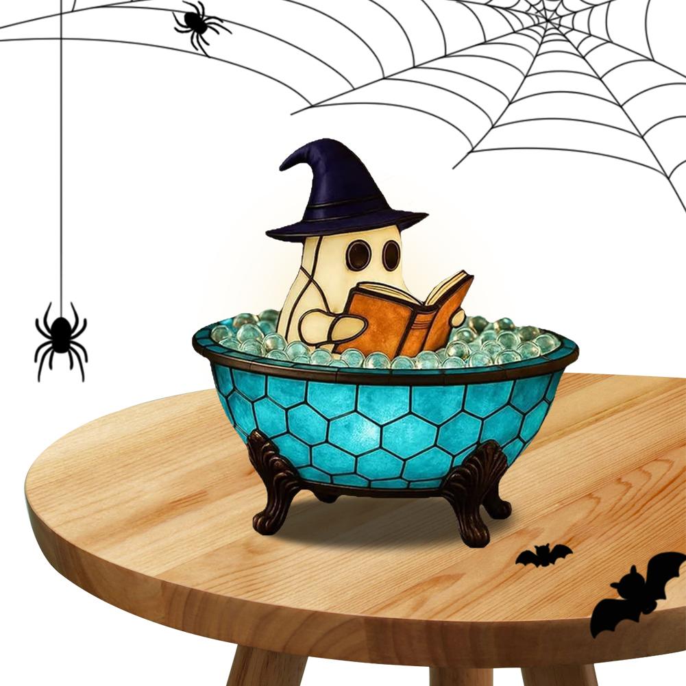 Halloween Cute LED Resin Lamp Light-Indoor Figurine Lamps Reading Book Ghost Lights for Halloween Party Gift