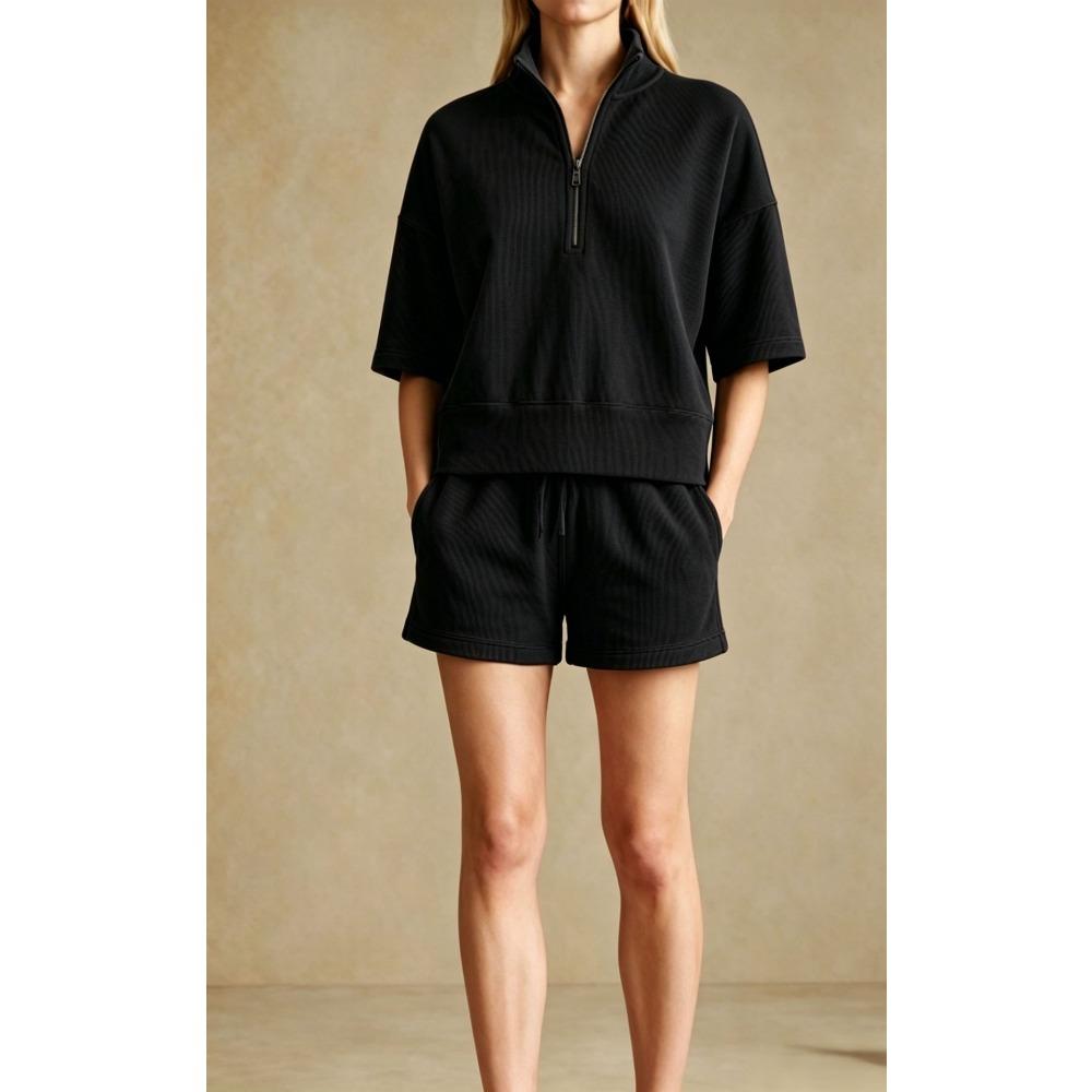 Women's Loose Tracksuit Half Zip Short Sleeve Sweatshirt Drawstring Waist Shorts