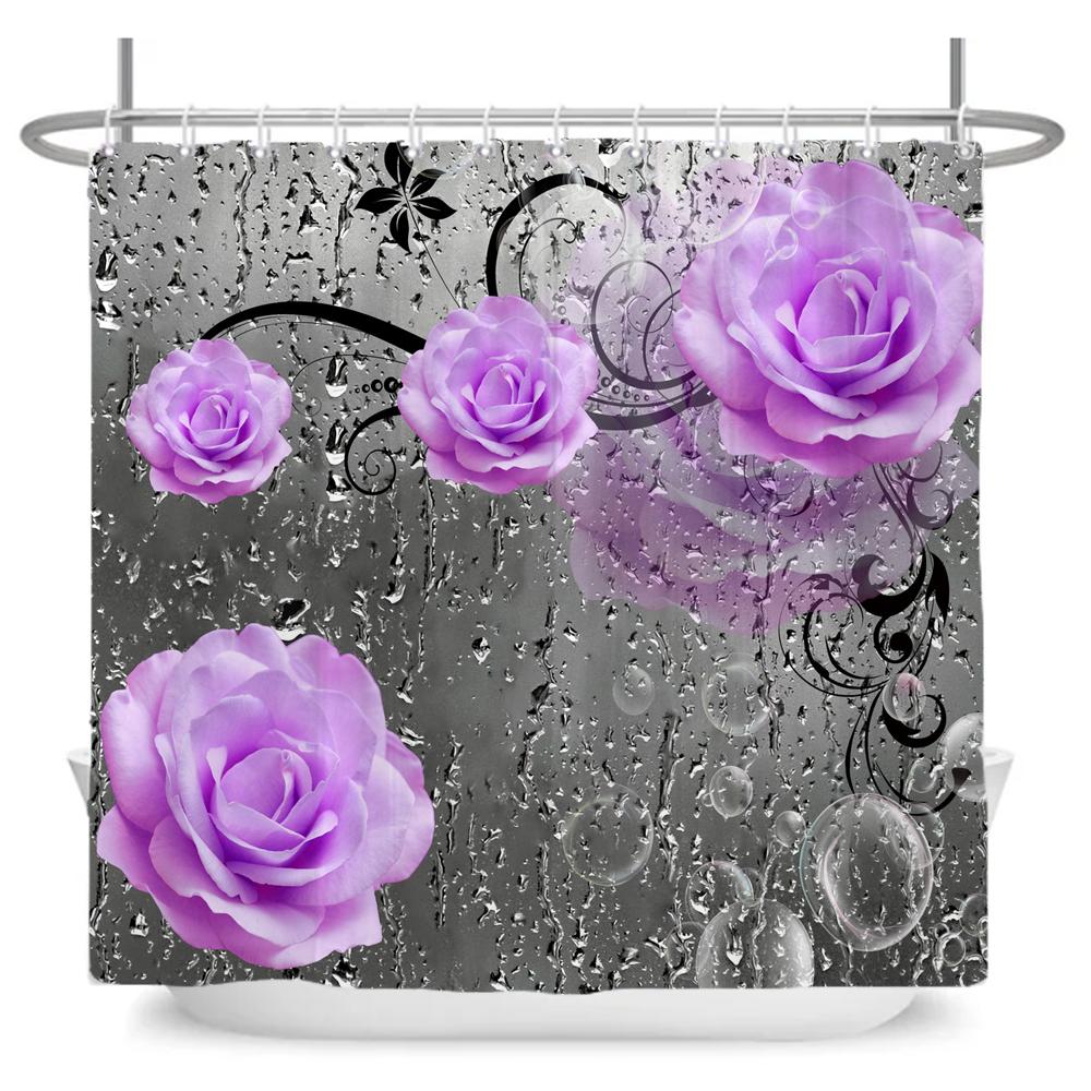 Beautiful Flower Butterfly Art Fabric Shower Curtain,Rose Decor Bathroom Shower Curtains with Hooks,Waterproof Bathroom Curtains