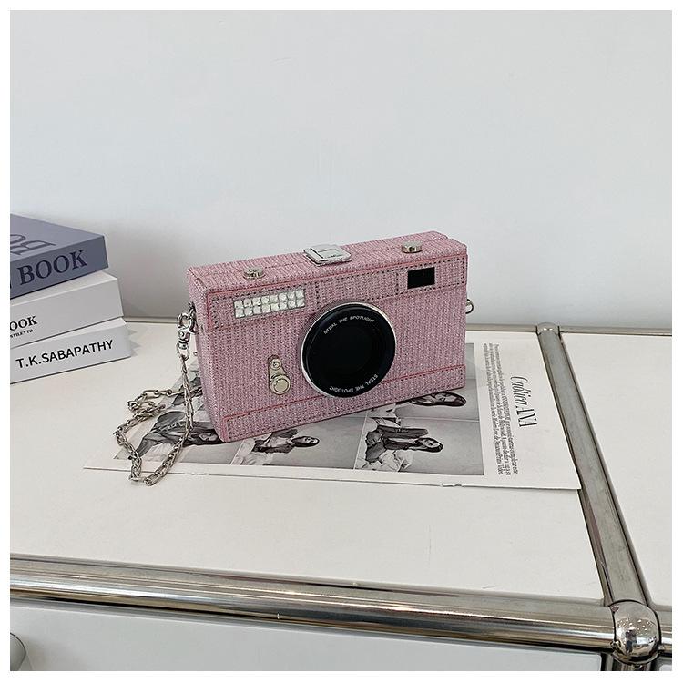 Women Fashion Sequin Box Bag Funny Chain Crossbody Body Bag Camera Shape Shoulder Bag