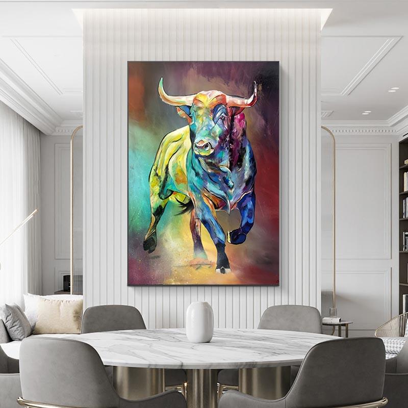 Abstract Animal Canvas Painting Wall Art Colorful Cow Posters and Prints Modern Living Room Home Decoration Pictures No Frame