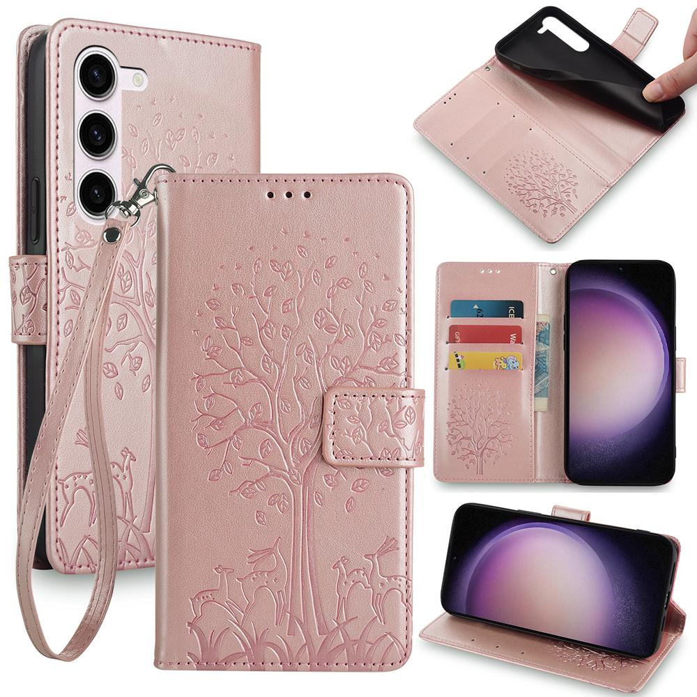 

For Samsung Galaxy S23 Phone Case Imprinted Deer Tree Pattern 3 Card Slots Anti-drop Cover Rose Gold