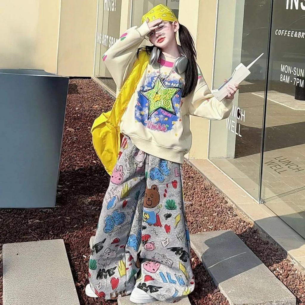 Girls' Trendy Korean Style Hoodie & Wide-Leg Pants Set with Cartoon Design - Casual Spring/Autumn Two-Piece Sportswear