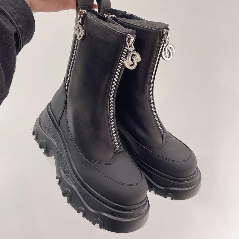 Fashion Size 34-40 Women Ankle Boots Real Leather Zipper Thick Mid Heels Shoes Fall 2025 Winter Platform Short Combat Booties