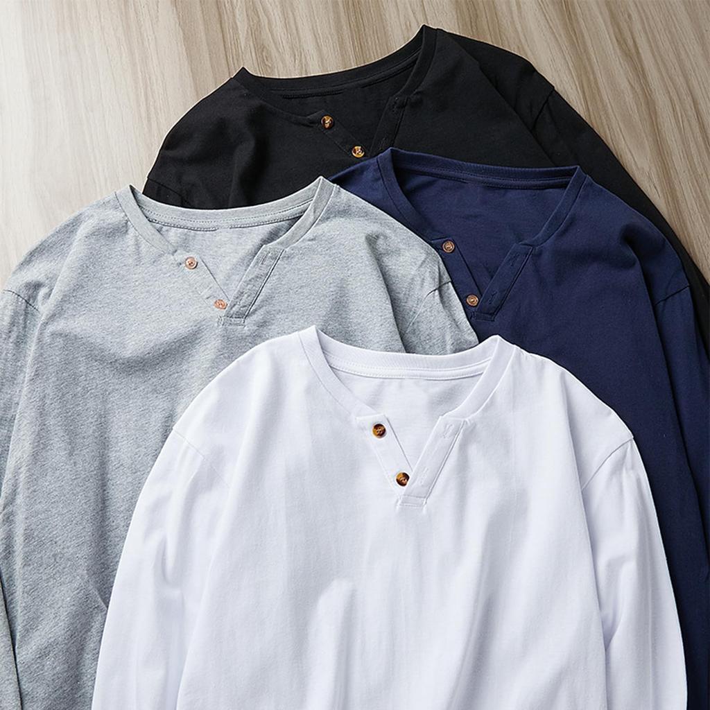 Hisitosa Long Sleeve Solid Henley Neck Long Men's T-Shirts, Fall, 3-Pack/4-Pack, 100% Cotton, Color, T-Shirt, Undershirt, V-Neck T-Shirt (JP,