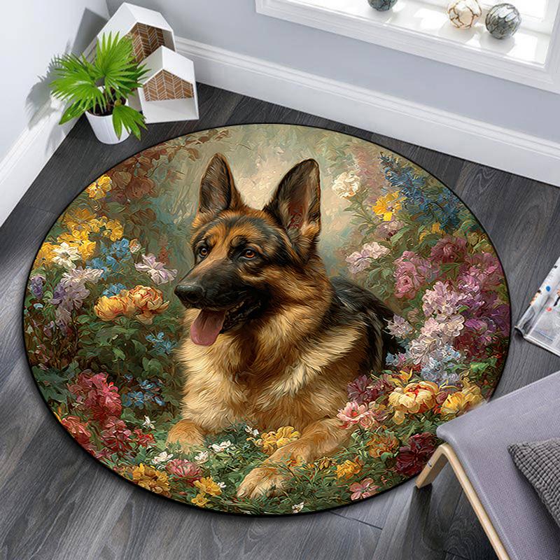 German Shepherd Round Area Rug,Carpet Rug for Living Room Bedroom Sofa Playroom Decor,Non-slip Floor Mat