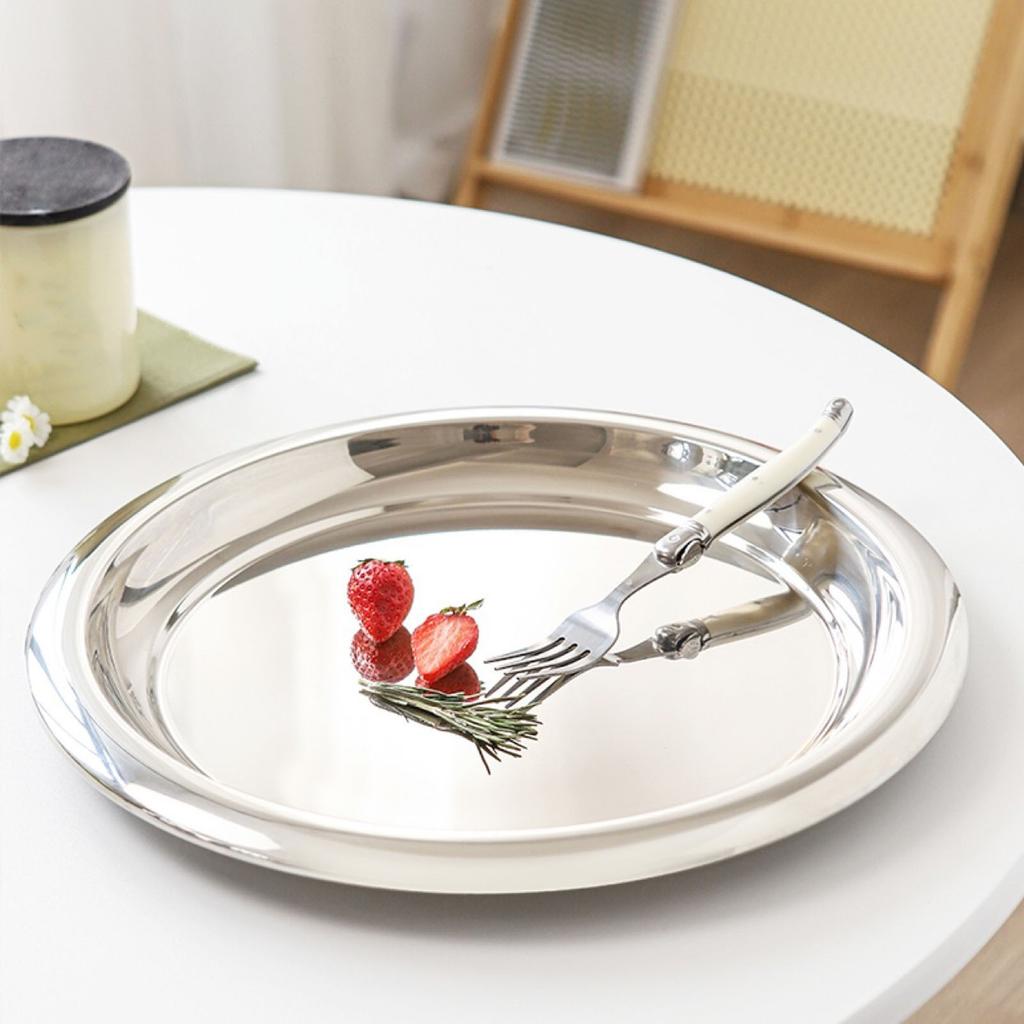 Round Serving Tray Stainless Steel Serving Platter European Round Decorative Tray for Coffee Table Bar Party Entertaining Silver