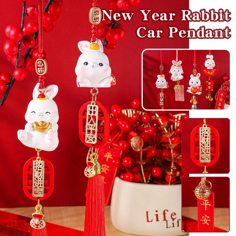 2024 New Year Rabbit Car Pendant Car Mirror Cute Rabbit Decoration Ornament Hanging Valentine's Day Gift Automotive Interior