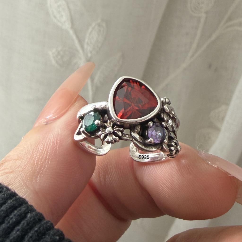 925 Sterling Silver Rings for Women Couple Minimalist Handmade Simple Retro Red Stone Ring Fine Jewelry Gift Prevent Allergy