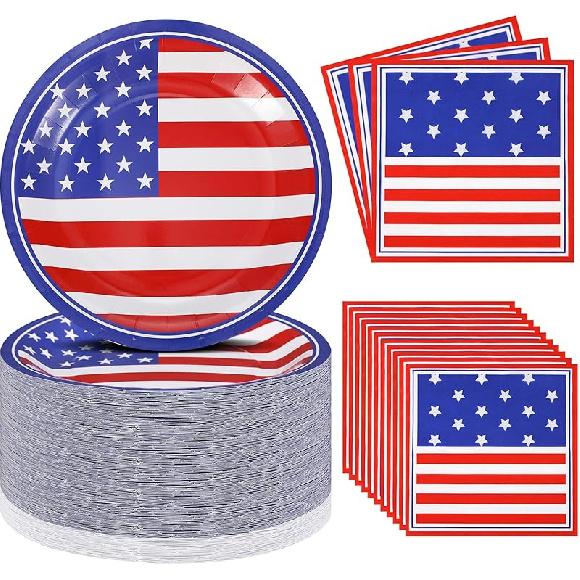 Mumufy 100 Pcs American Flag Patriotic Plates and Napkins 4th of July Party Supplies July 4th Disposable Paper Plates Napkins for Veterans Day