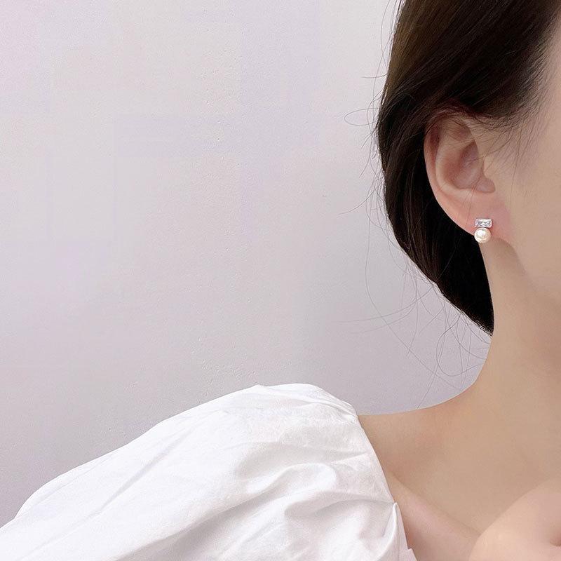 Square Square Gentle Style Pearl Earrings for Women Exquisite Versatile Earrings Square Diamond Pearl Earrings