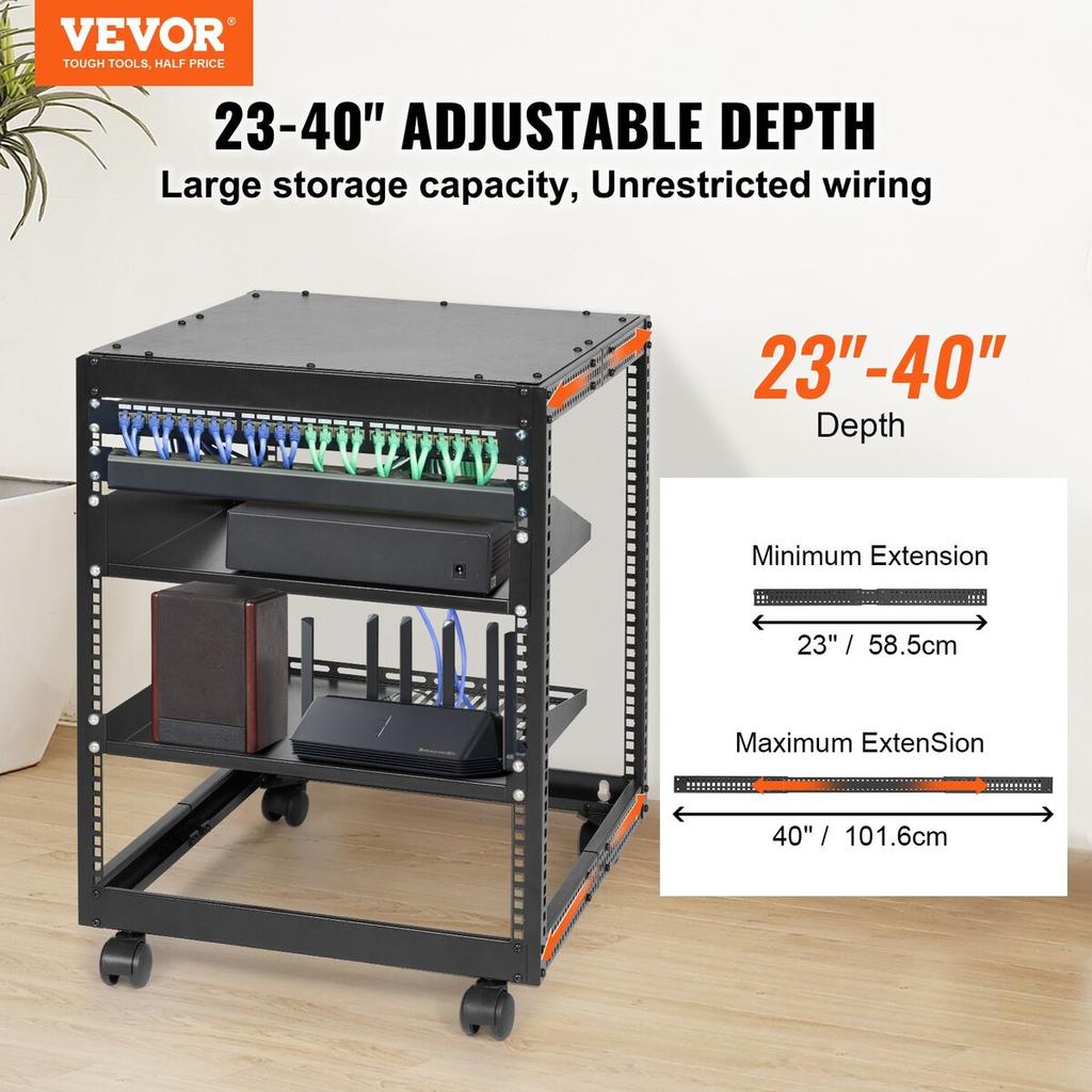 12U Open-Frame Server-Rack, 15''-40'' Verstellbare Tiefe, Freistehendes oder Wandmontage-Netzwerk-Server-Rack, 4-Pfosten AV-Rack mit Rollen, Bietet Platz für All Ihre