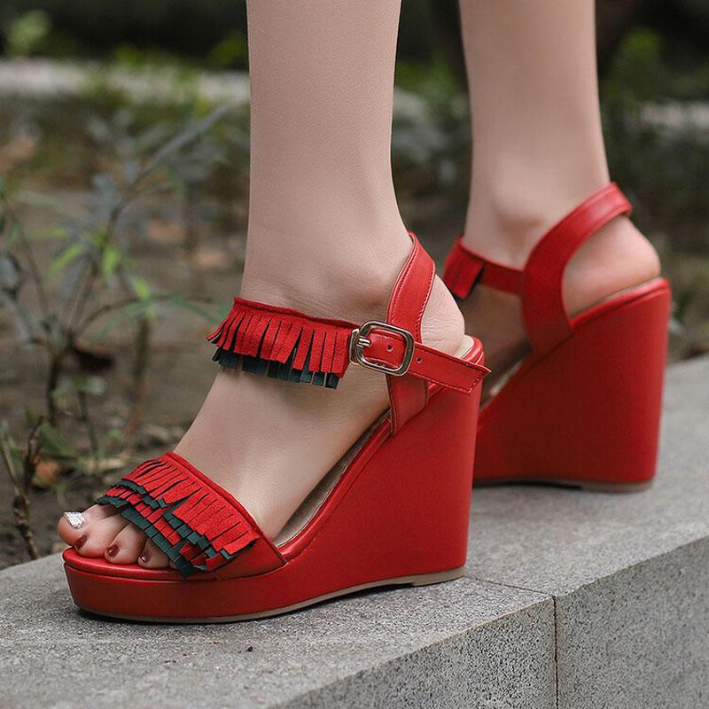 Women Wedges Sandals Large Size 34~43 Summer Flock Sandals Tassel Decorate Ankle Strap High Heels Dress Platform Shoes WSH5055
