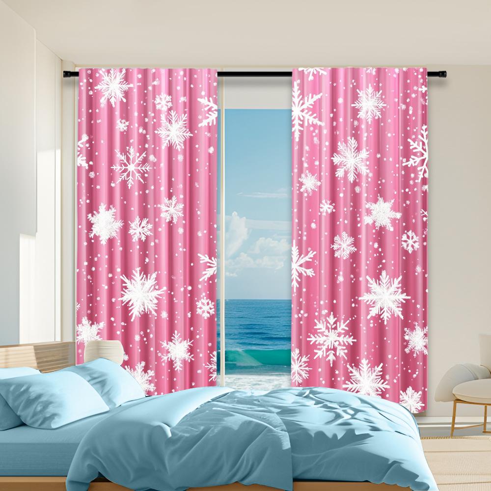 

Set Of 2 Festive Christmas Pink Curtains Snowflake Pattern Bedroom Office Kitchen Living Room Study Perfect Curtain Polyester For Great W100*H70(CM)-Hooks&1PCS