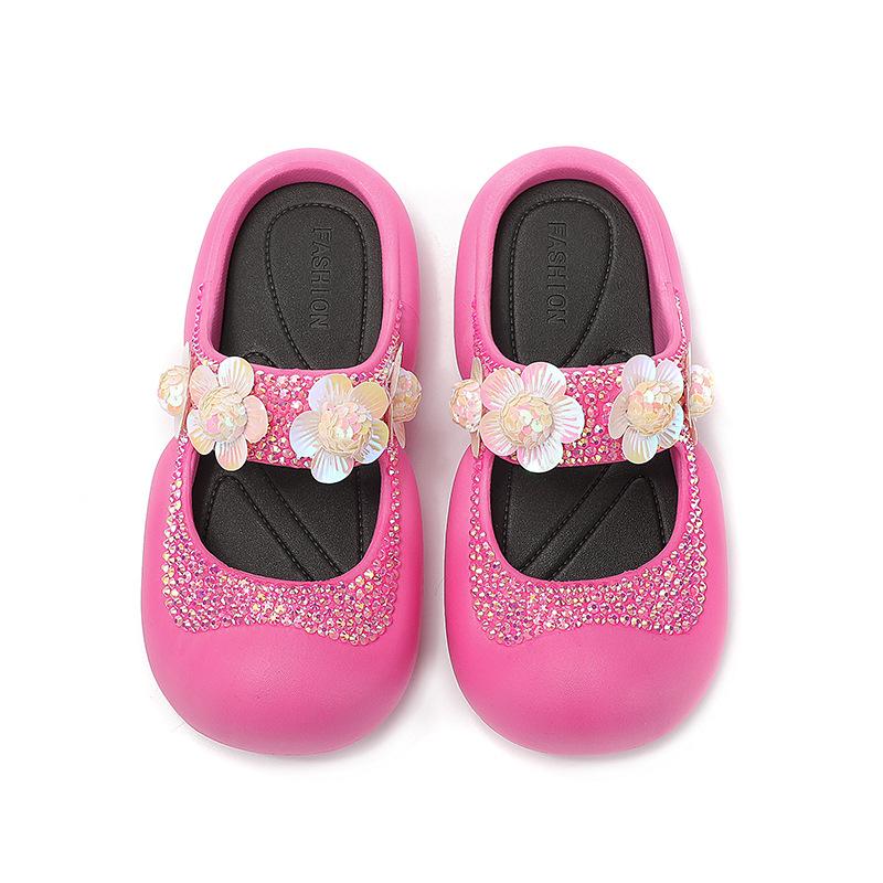 Fashion Handmade Diamond Inlaid Mary Jane Pink Slippers New Sweet Flower Sequins Thick Sole Heightening Net Red Summer Beach Sandals