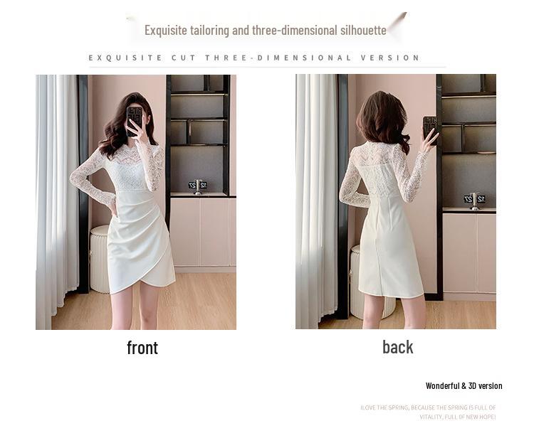Elegant Lace Patchwork Semi-High Neck Dress: Waist-Cinching, Hip-Hugging Short Skirt
