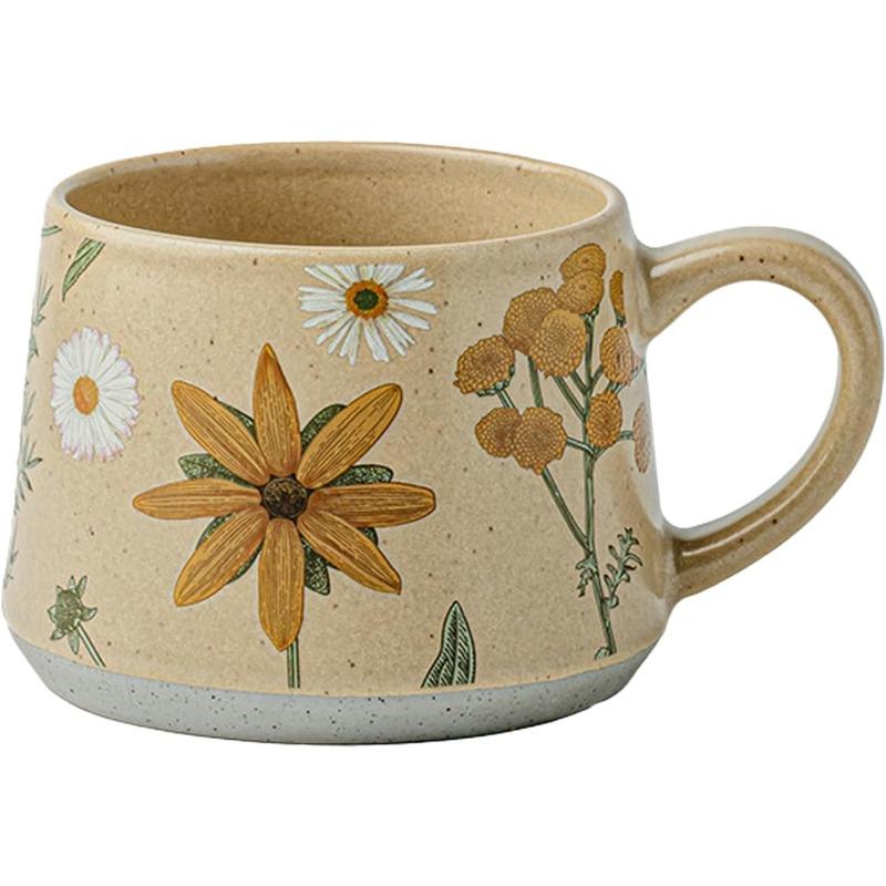 Large Ceramic Coffee Mug 360ml, Cute Cup for Women, Ideal for Tea or Coffee,Hand Painted Floral Design Pottery Mug,1pc