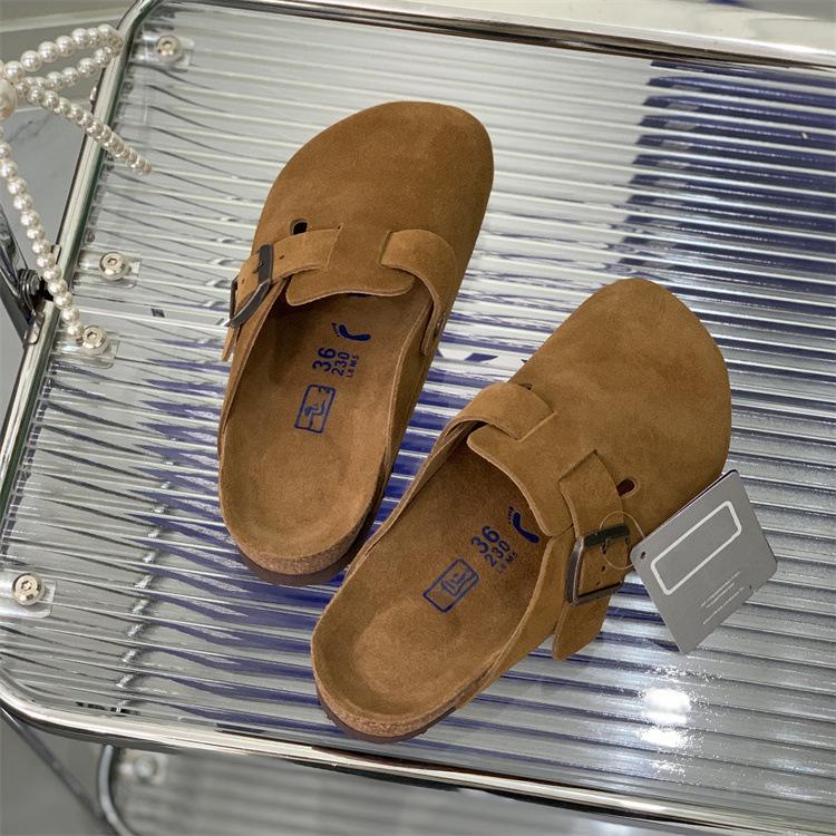 Boken Women's 2025 Autumn Genuine Leather Cork Bottom Suede Closed-Toe Mule Slippers