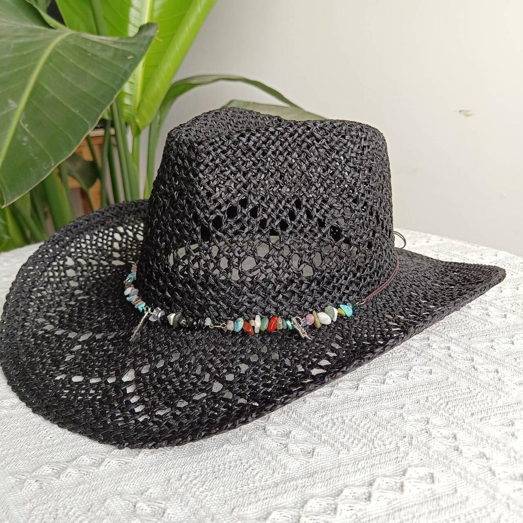 2026straw New cowboy hat women'shollow woven cowboy straw hat retro elegant western cowboy wide brim hat