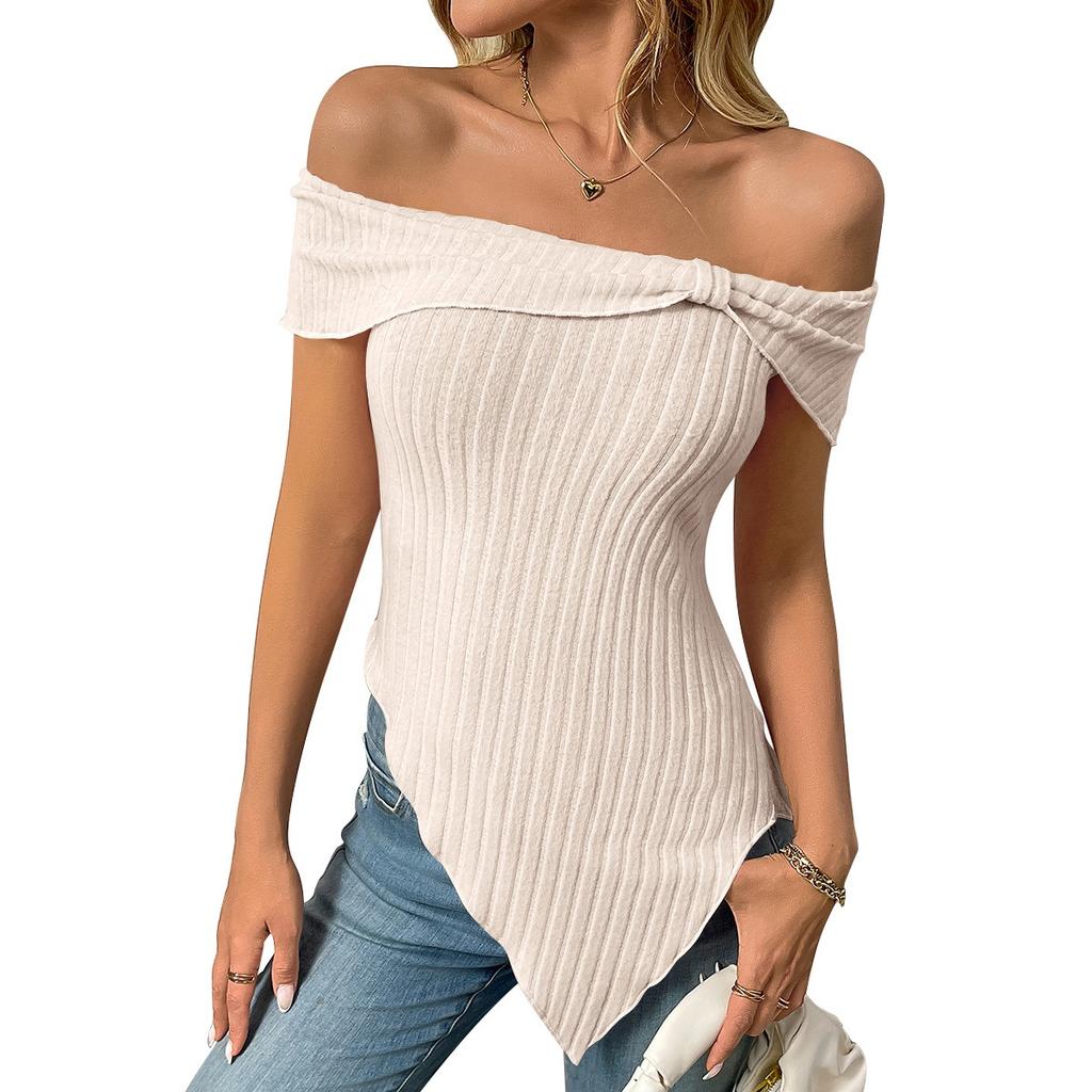 Summer Women's Slim Asymmetrical One Shoulder Sweet Sexy T-shirt Top, Crossbody Europe America Casual Tee