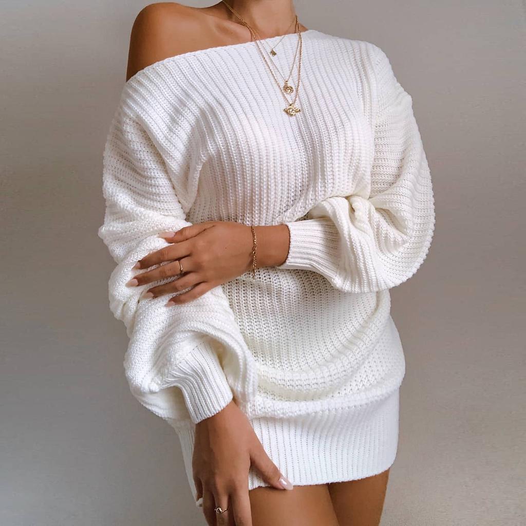 Lässiges Europäisches Off-Shoulder Strickkleid mit Laternenärmeln