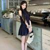 Korean college style waist thin shirt dress women's summer new navy blue sleeveless vest short skirt