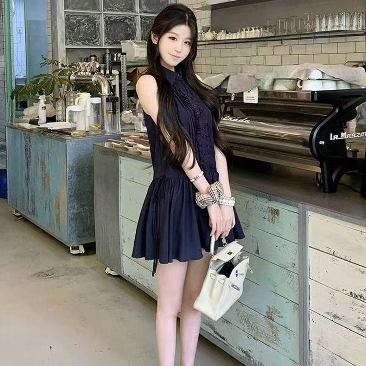 Korean college style waist thin shirt dress women's summer new navy blue sleeveless vest short skirt