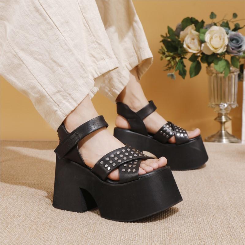 Johnature Genuine Leather Super High Heel Sandals Riveted Thick Soled Roman Women's Platform Shoes