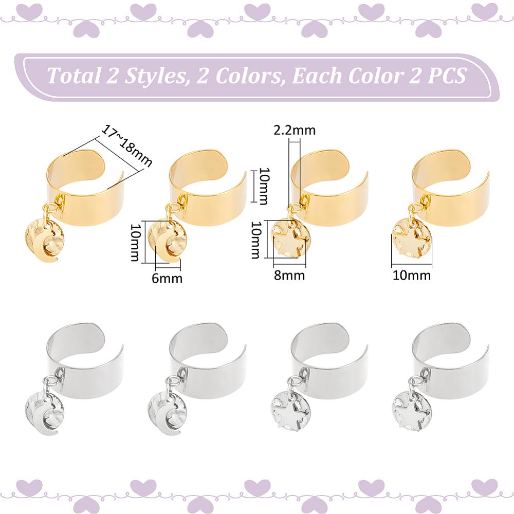 8Pcs 4 Style 304 Stainless Steel Open Cuff Rings Set with Charms Moon & Star & Flat Round Golden & Stainless Steel Color Inner Diameter: 17~18mm