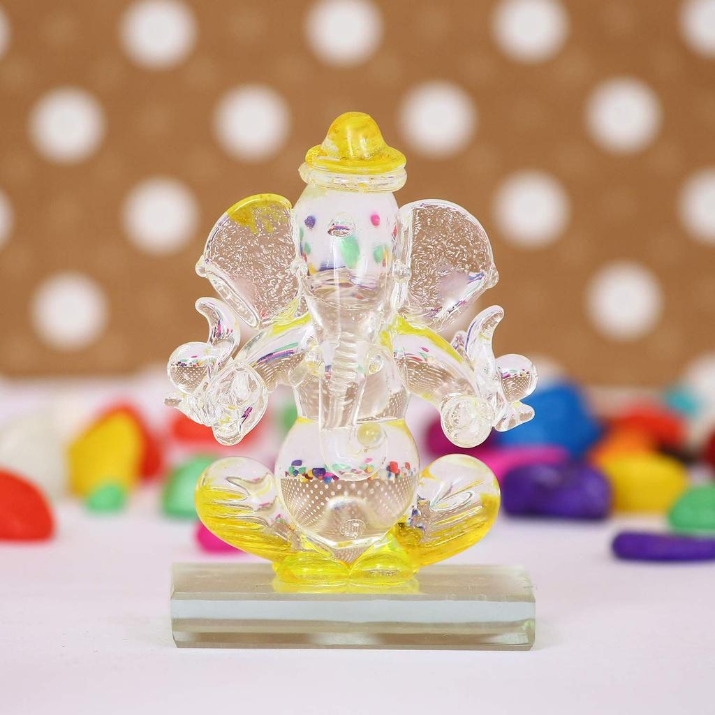 Yellow and Transparent Double Sided Crystal Car Ganesha Showpiece