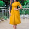 Summer new short-sleeved pleated solid color large-size dress
