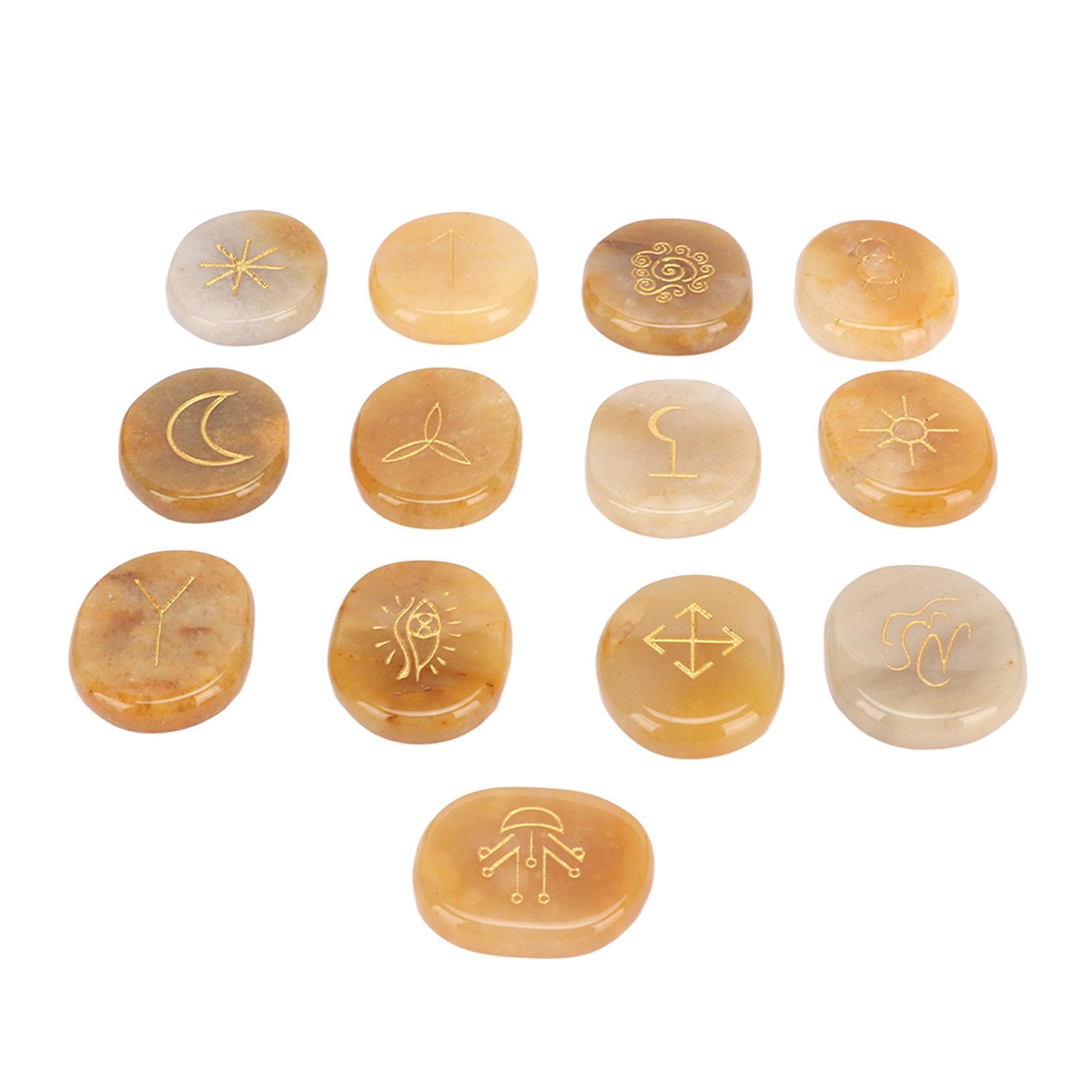 13 PCS Pierres Runiques Symboliques avec Sac en Tissu Gravure Pierre Runique pour Divination Yoga Méditation Vert jaune