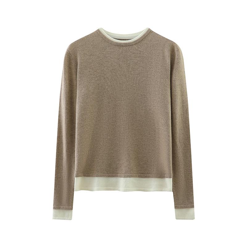 Women's Cashmere Knitwear Round Neck Two-Piece Color Block Slimming Pullover Sweater