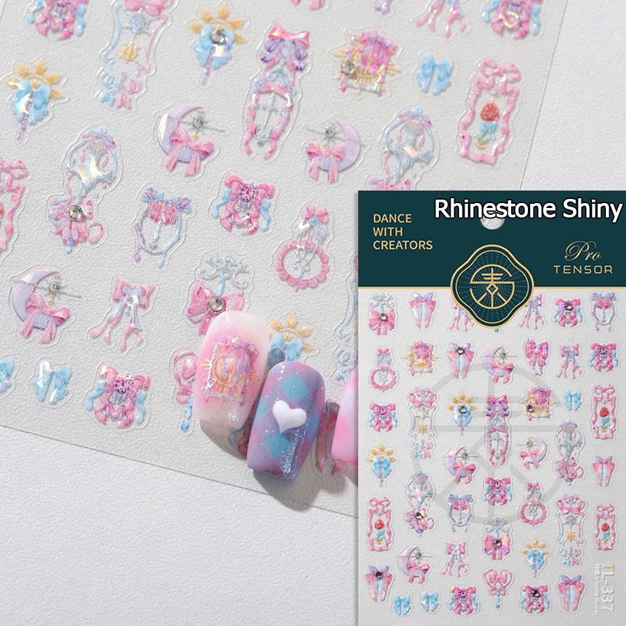 Shiny Polarized White Ribbon Bowknot Stars Tassel 3D Self Adhesive Nail Art Stickers Lovely Bow 5D Embossed Manicure Decals