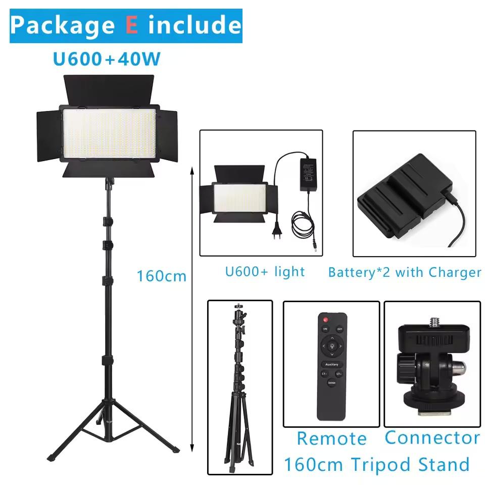 U600 U800+ LED Video Light Photo Studio Lamp Bi-Color 3200K-5600k Dimmable with Tripod Stand Remote for Video Recording Para