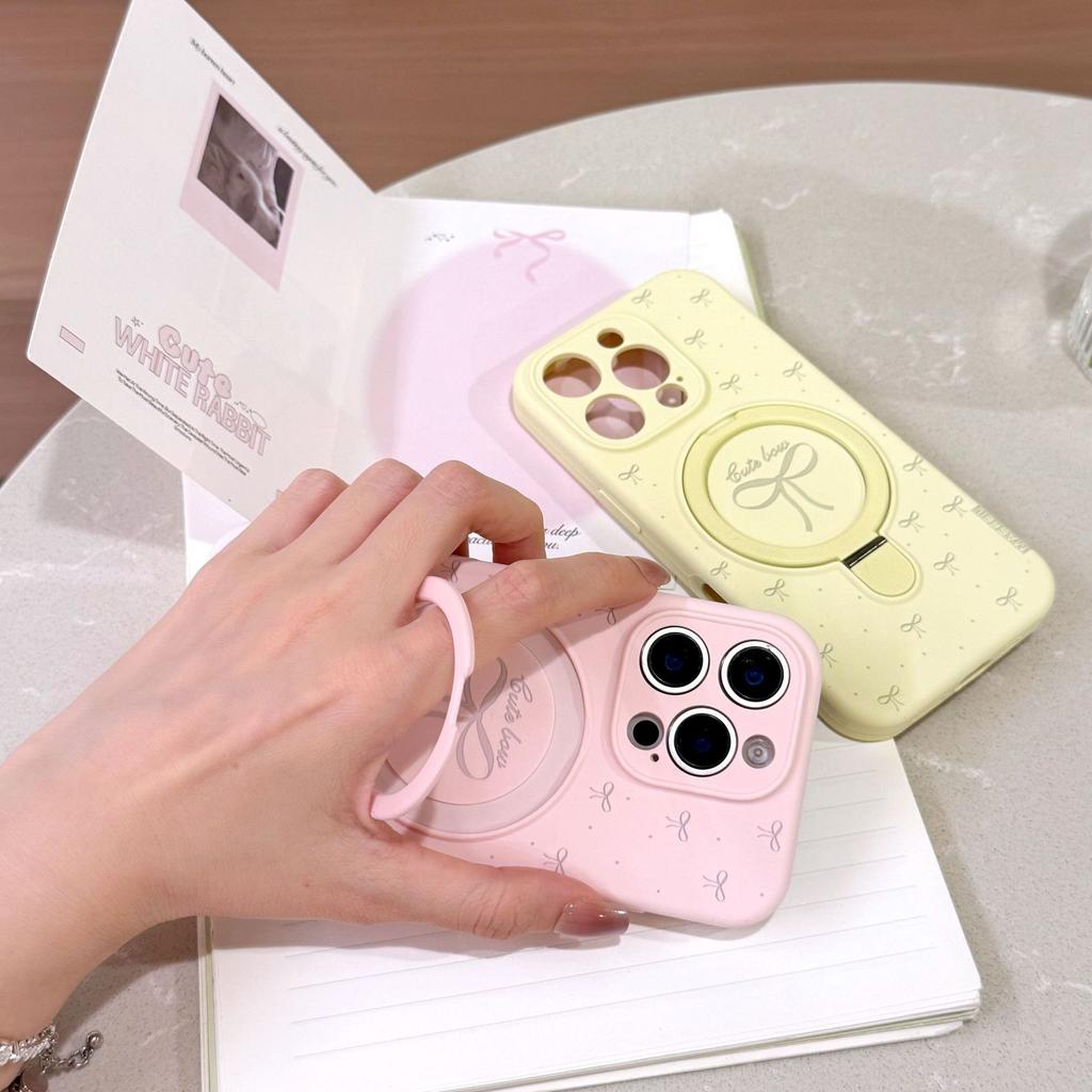 MagSafe Bowknot Silicone Phone Case with Ring Holder, Cute Macaron Color Kickstand Cover for iPhone