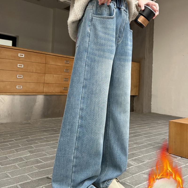 Kids Winter Thermal Patches Jeans Cherry Girls Loose Straight Insulated Denim Trousers Children Warm Fleece Pants