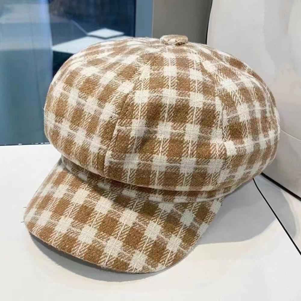 Korean Style Women Painter Hat Keep Warm Women Octagonal Cap Sweet Plaid Beret Hat  Girl