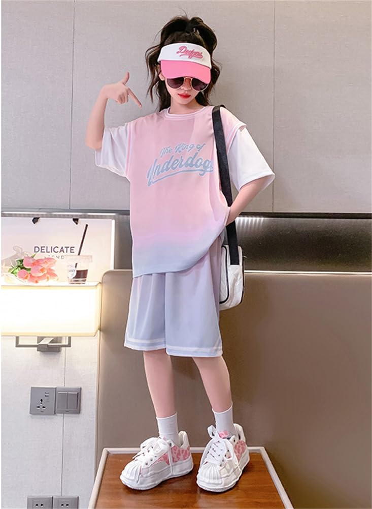 KOSIKINI Short Sleeve and Shorts Korean Loose Resort Sizes Tracksuit Top and Bottoms Cute Clothing Elementary School Girls' T-Shirt Set, Style,