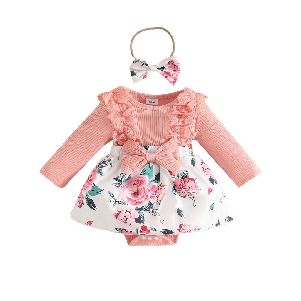 Baby Girl Long Sleeve Lace Trim Bodysuit Dress - Newborn Autumn/Winter Casual Romper