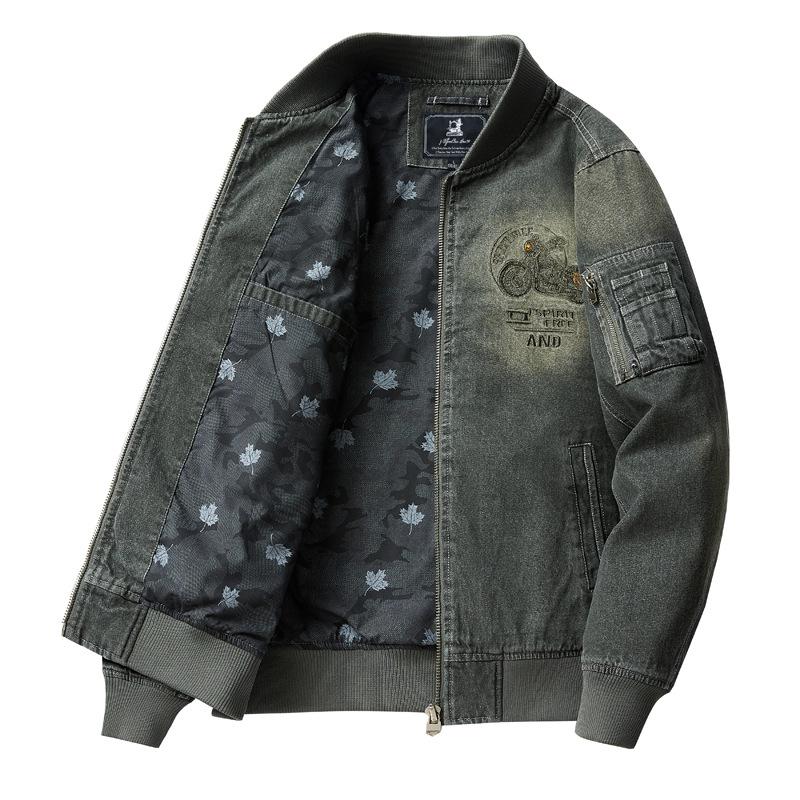 Pánská džínová bunda Vintage Slim-fit Motocyklová Vyšívaná Zipová Ležérní Bunda Kabát