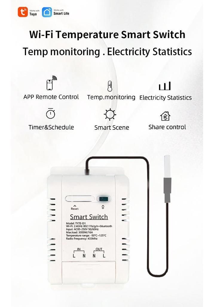 Graffiti WiFi Smart Power Temperature Switch with RF433, Remote Voice Alexa Control.