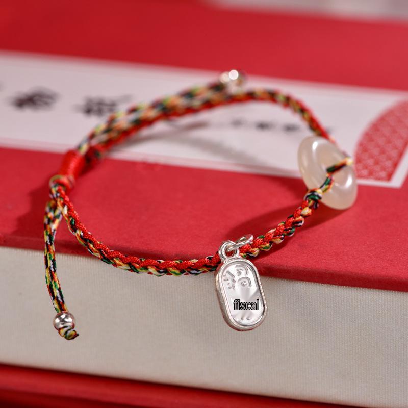 Pure Silver 99 Fu Character Hetian Jade Safety Buckle Handmade Donut Bracelet Pure Natural