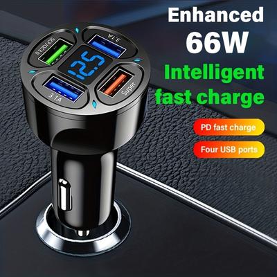 66-W-Schnellladegerät fürs Auto mit LED-Spannungsanzeige – 4 USB-Anschlüsse QC 3.0 Smart-Autotelefonladegerät für mehrere Geräte mit Digitalanzeige