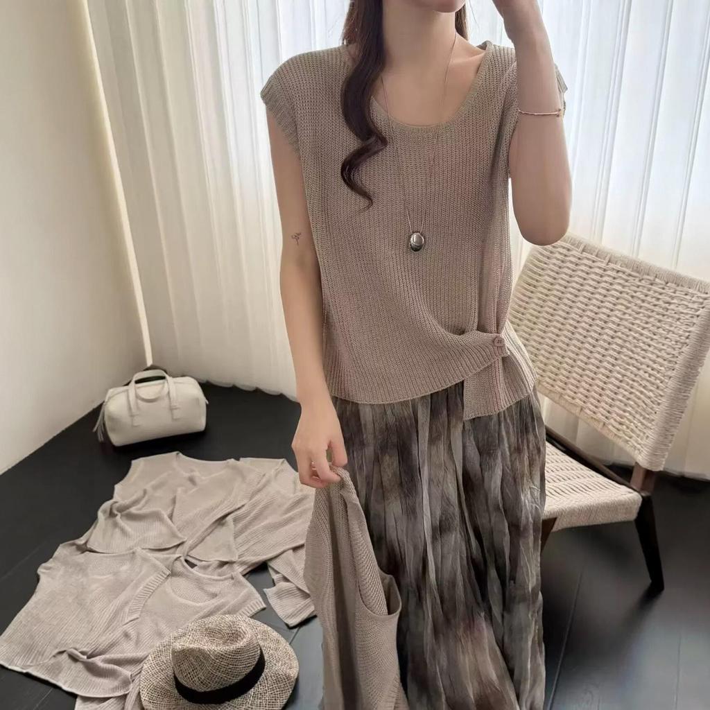 Lyocell Puff Sleeve Slimming Linen Knit Sleeveless Women's T-Shirt