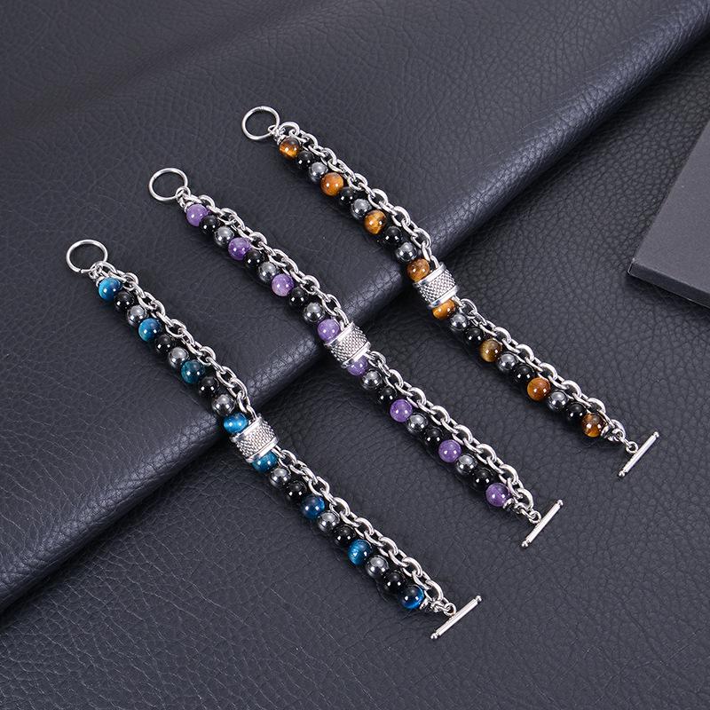 2025 Men's Double Layer Tiger Eye & Black Magnetic Stone Stainless Steel Bracelet with OT Buckle