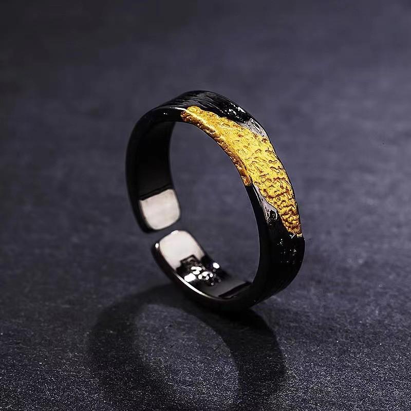 Unisex Adjustable Open Ring With Black Gold Flame Motif Geometric Design Vintage Minimalist Statement Jewelry