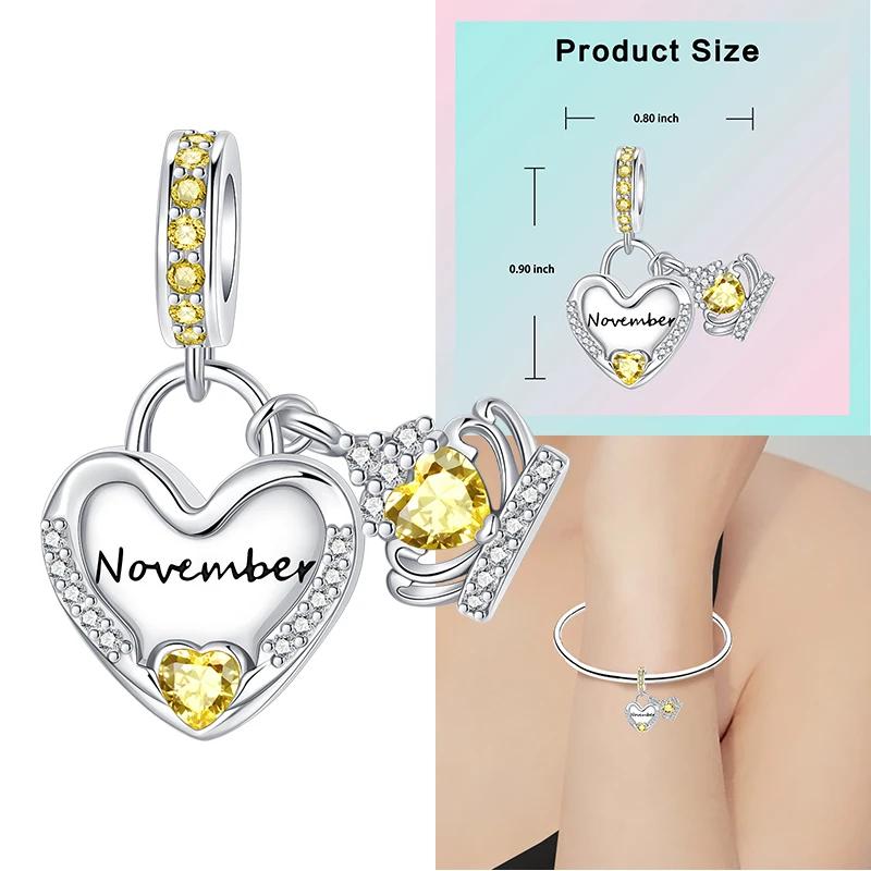 Copper 12 Months Birthstone Heart-Shaped Beads Charms Fit Original Bracelet Charm Beads Necklace Diy Female Jewelry