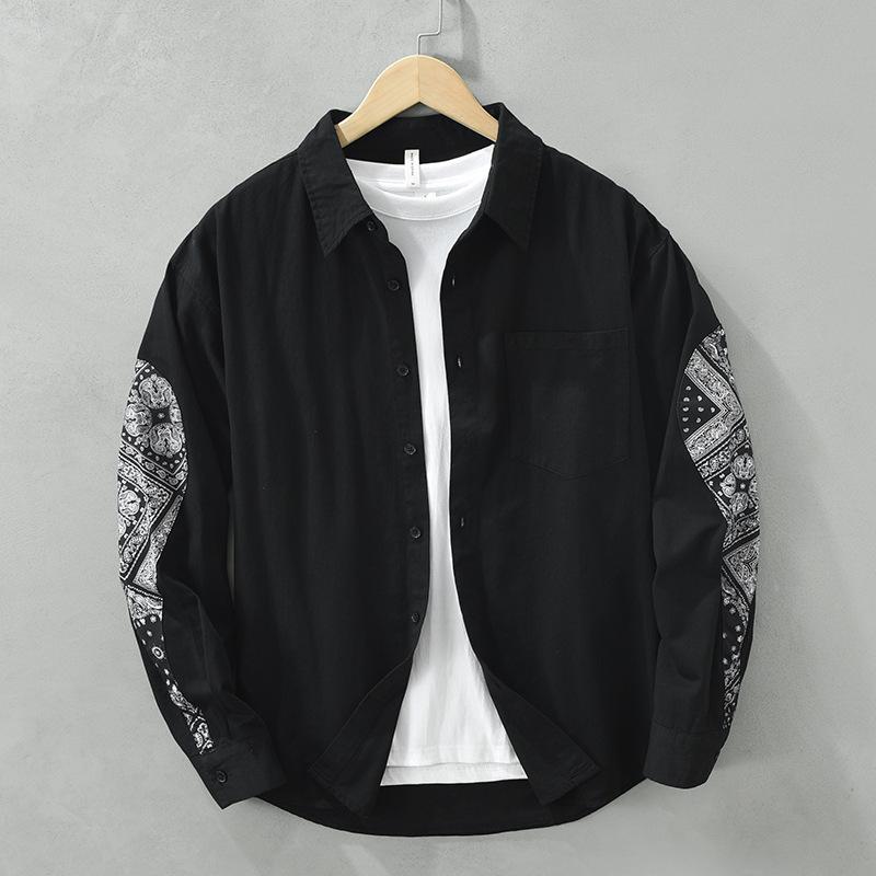 

Men s Bandana Print Patchwork Long Sleeve Button Down Shirt Casual Streetwear Top S чёрный