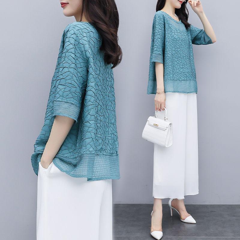 Summer Casual and Fashionable Printed Women's Large-size Chiffon Fashionable Mid-sleeved Loose Top